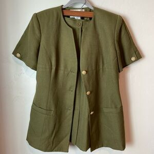 Vintage 80s 90s 2 Piece Suit Olive Green Short Sleeve Blazer Skirt Gold Buttons